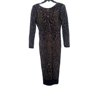 Dress The Population Black Sequin Maxi Gown Womens Size L Long Sleeve Mesh Over